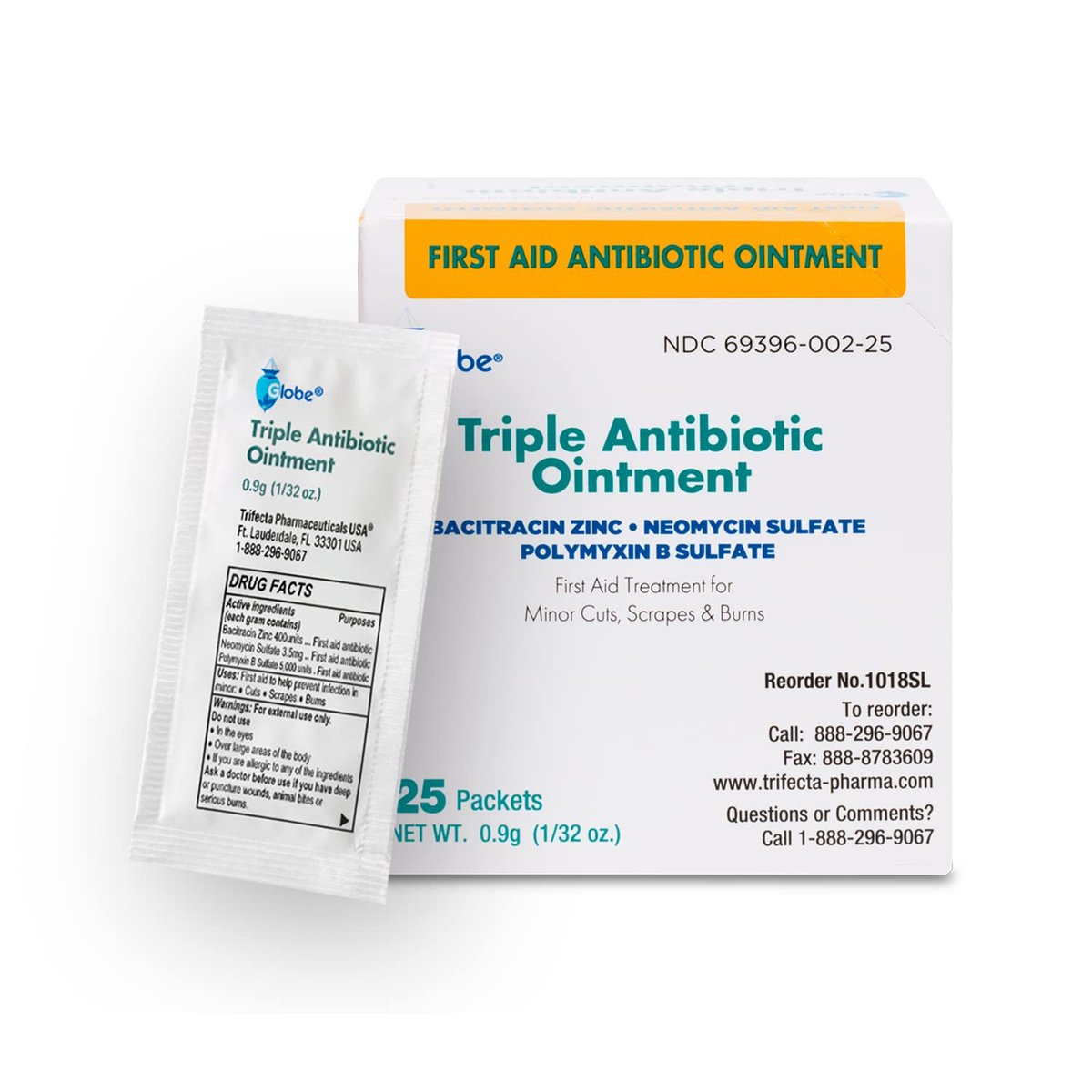 Globe Triple Antibiotische Salbe 25er Pack Einzelpackungen, Erste-Hilfe-Set für kleine Kratzer, Wunden, Schnitte und Verbrennungen, beugt Infektionen vor, Wirkstoffe vergleichbar mit führender Marke, Reisegröße, 0,9 g