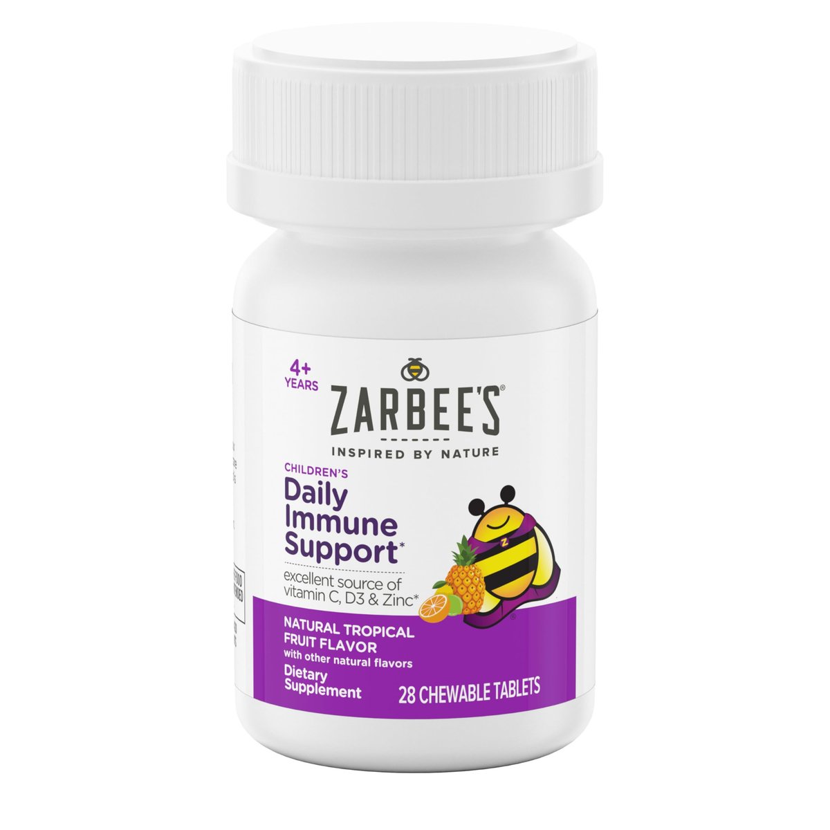 Zarbee's Kinder Immununterstützung mit Vitamin C, D & Zink – tägliche Immunvitamine für Kinder ab 4 Jahren, natürlicher tropischer Fruchtgeschmack, 28 Kautabletten