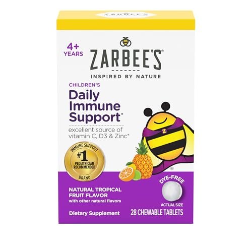 Zarbee's Kinder Immununterstützung mit Vitamin C, D & Zink – tägliche Immunvitamine für Kinder ab 4 Jahren, natürlicher tropischer Fruchtgeschmack, 28 Kautabletten
