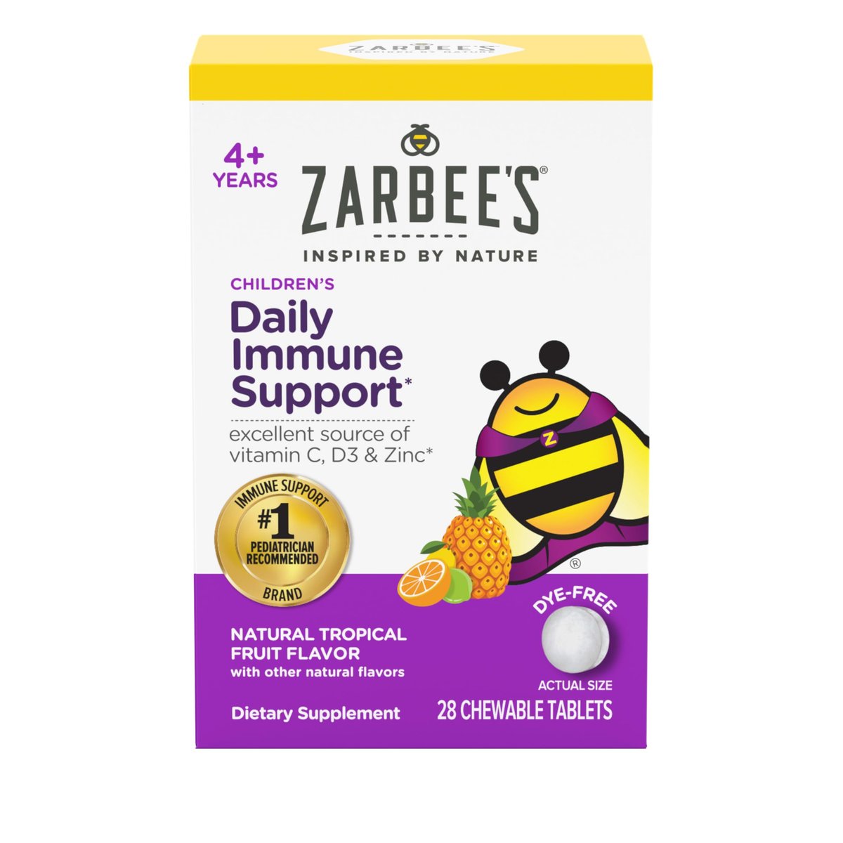 Zarbee's Kinder Immununterstützung mit Vitamin C, D & Zink – tägliche Immunvitamine für Kinder ab 4 Jahren, natürlicher tropischer Fruchtgeschmack, 28 Kautabletten