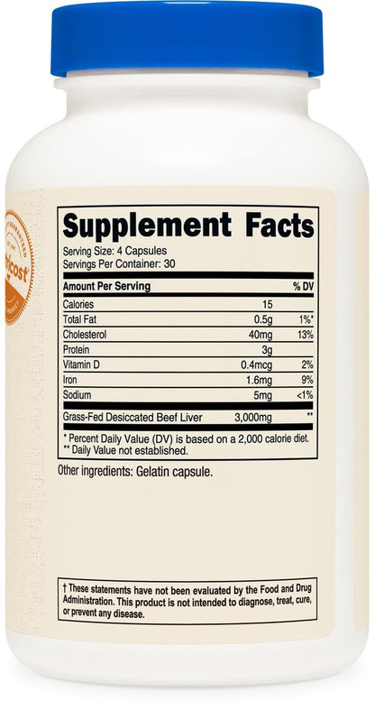 Nutricost Grass Fed Dörrobst Rinderleber Kapseln 3000mg (750mg pro Kapsel), 120 Kapseln - Ohne Hormone, Non-GMO, Glutenfrei, Weidehaltung, Freilandhaltung