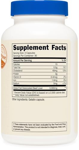 Nutricost Grass Fed Dörrobst Rinderleber Kapseln 3000mg (750mg pro Kapsel), 120 Kapseln - Ohne Hormone, Non-GMO, Glutenfrei, Weidehaltung, Freilandhaltung
