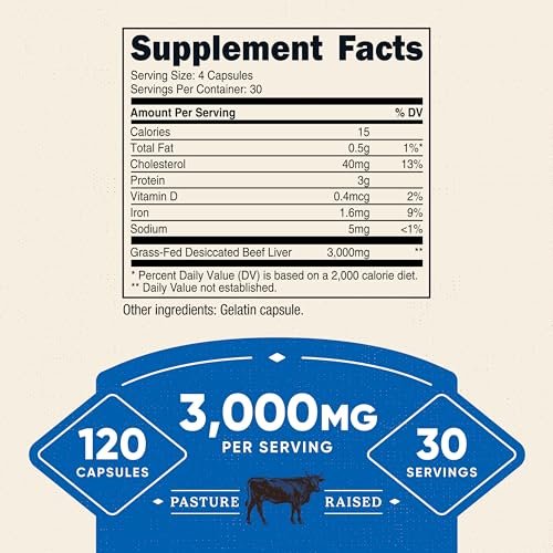 Nutricost Grass Fed Dörrobst Rinderleber Kapseln 3000mg (750mg pro Kapsel), 120 Kapseln - Ohne Hormone, Non-GMO, Glutenfrei, Weidehaltung, Freilandhaltung