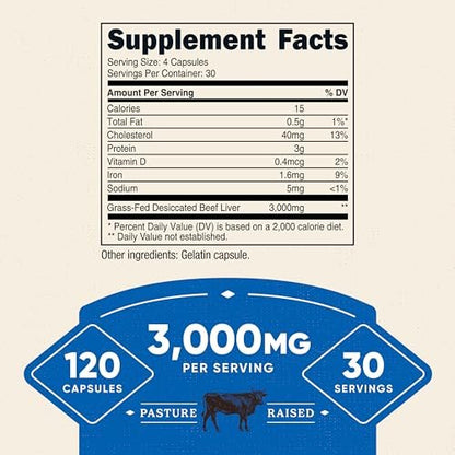 Nutricost Grass Fed Dörrobst Rinderleber Kapseln 3000mg (750mg pro Kapsel), 120 Kapseln - Ohne Hormone, Non-GMO, Glutenfrei, Weidehaltung, Freilandhaltung