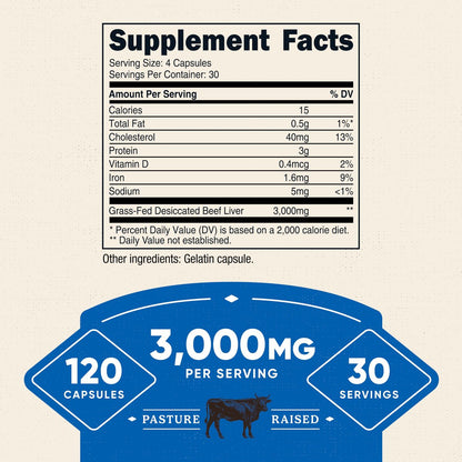 Nutricost Grass Fed Dörrobst Rinderleber Kapseln 3000mg (750mg pro Kapsel), 120 Kapseln - Ohne Hormone, Non-GMO, Glutenfrei, Weidehaltung, Freilandhaltung