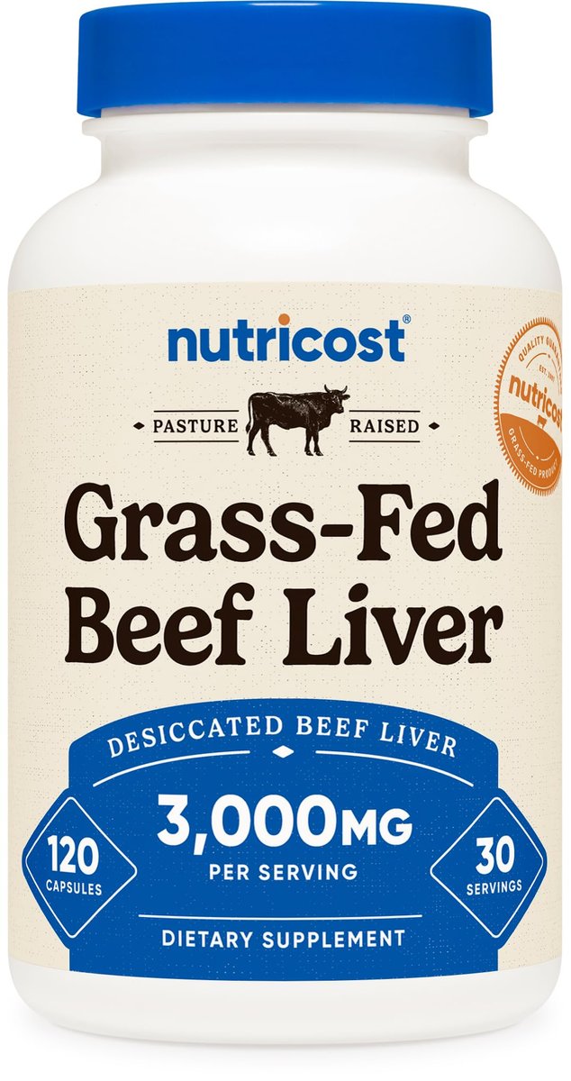 Nutricost Grass Fed Dörrobst Rinderleber Kapseln 3000mg (750mg pro Kapsel), 120 Kapseln - Ohne Hormone, Non-GMO, Glutenfrei, Weidehaltung, Freilandhaltung