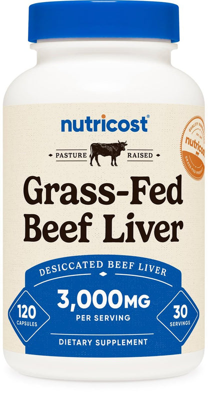 Nutricost Grass Fed Dörrobst Rinderleber Kapseln 3000mg (750mg pro Kapsel), 120 Kapseln - Ohne Hormone, Non-GMO, Glutenfrei, Weidehaltung, Freilandhaltung