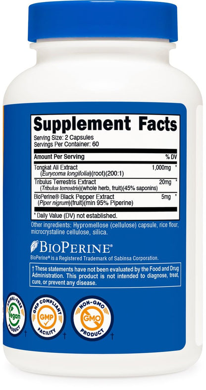 Nutricost Tongkat Ali 1.000 mg 120 Kapseln – mit Tribulus Terrestris und BioPerine, vegetarische Kapseln, Non-GMO, glutenfrei, potenter Extrakt