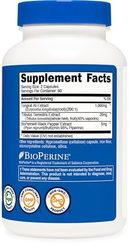 Nutricost Tongkat Ali 1.000 mg 120 Kapseln – mit Tribulus Terrestris und BioPerine, vegetarische Kapseln, Non-GMO, glutenfrei, potenter Extrakt