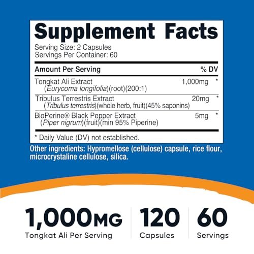Nutricost Tongkat Ali 1.000 mg 120 Kapseln – mit Tribulus Terrestris und BioPerine, vegetarische Kapseln, Non-GMO, glutenfrei, potenter Extrakt