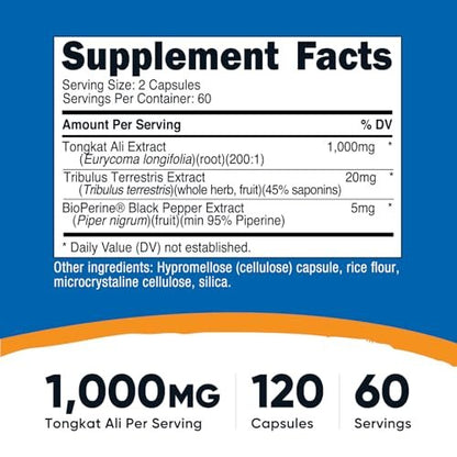 Nutricost Tongkat Ali 1.000 mg 120 Kapseln – mit Tribulus Terrestris und BioPerine, vegetarische Kapseln, Non-GMO, glutenfrei, potenter Extrakt