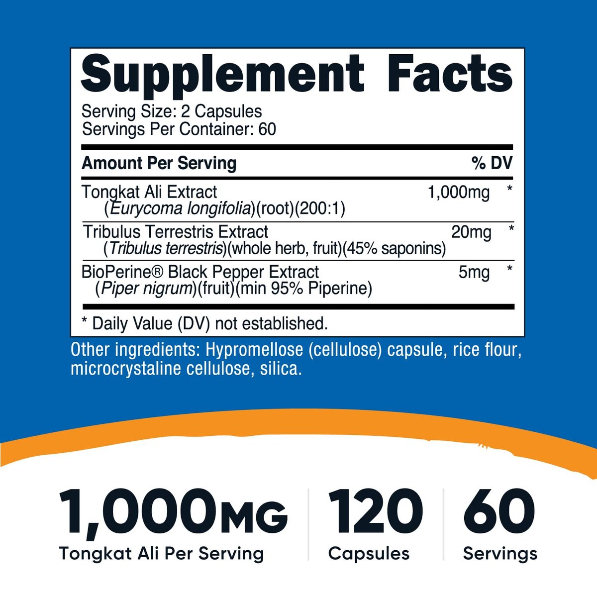 Nutricost Tongkat Ali 1.000 mg 120 Kapseln – mit Tribulus Terrestris und BioPerine, vegetarische Kapseln, Non-GMO, glutenfrei, potenter Extrakt