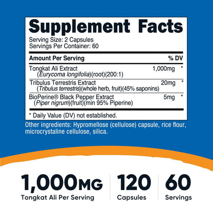 Nutricost Tongkat Ali 1.000 mg 120 Kapseln – mit Tribulus Terrestris und BioPerine, vegetarische Kapseln, Non-GMO, glutenfrei, potenter Extrakt