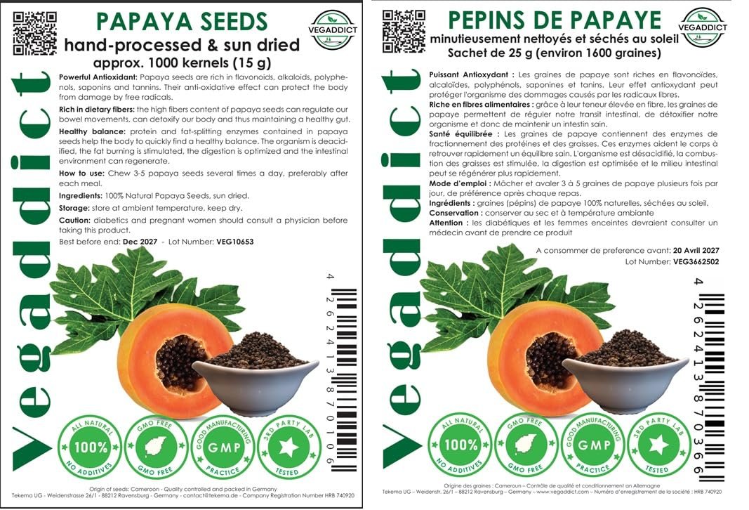 100 % natürliche sonnengetrocknete Papayasamen | Hoher Papain- & Carpain-Gehalt | Ohne Zusätze | Vegan | Laborgeprüft | Gluten- & laktosefrei | Ethisch bezogen | (ca. 1000 Samen)