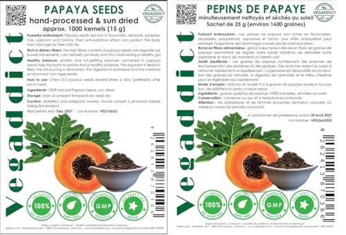 100 % natürliche sonnengetrocknete Papayasamen | Hoher Papain- & Carpain-Gehalt | Ohne Zusätze | Vegan | Laborgeprüft | Gluten- & laktosefrei | Ethisch bezogen | (ca. 1000 Samen)
