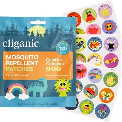 Cliganic Mückenschutz-Sticker (180 Stück) – Positive Vibes Patches für Kinder, natürlich, DEET-frei, mit ätherischen Ölen