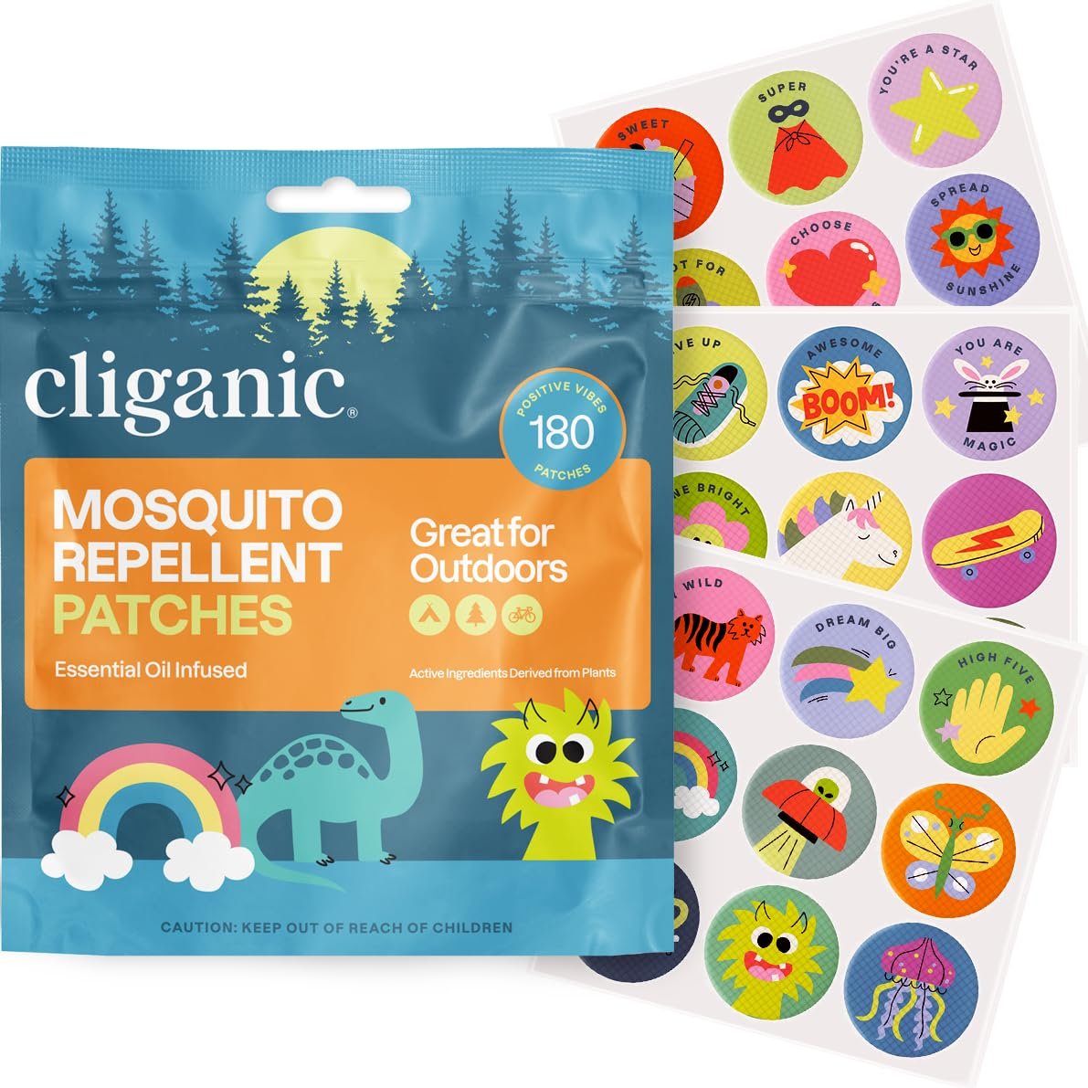 Cliganic Mückenschutz-Sticker (180 Stück) – Positive Vibes Patches für Kinder, natürlich, DEET-frei, mit ätherischen Ölen