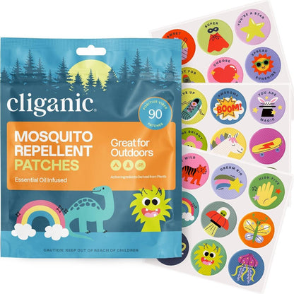 Cliganic Mückenschutz Sticker (90er Pack) - Positive Vibes Patches für Kinder, natürlicher DEET-freier Insektenschutz mit ätherischen Ölen
