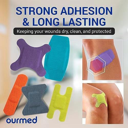 Ourmed Flexible Fabric-Bandagen mit nicht haftendem Pad, Latexfrei, Regenbogenfarben, selbstklebende Wundverbände für Schnitte, Schrammen, Blasen, verschiedene Größen, 100 Stück
