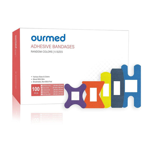 Ourmed Flexible Fabric-Bandagen mit nicht haftendem Pad, Latexfrei, Regenbogenfarben, selbstklebende Wundverbände für Schnitte, Schrammen, Blasen, verschiedene Größen, 100 Stück
