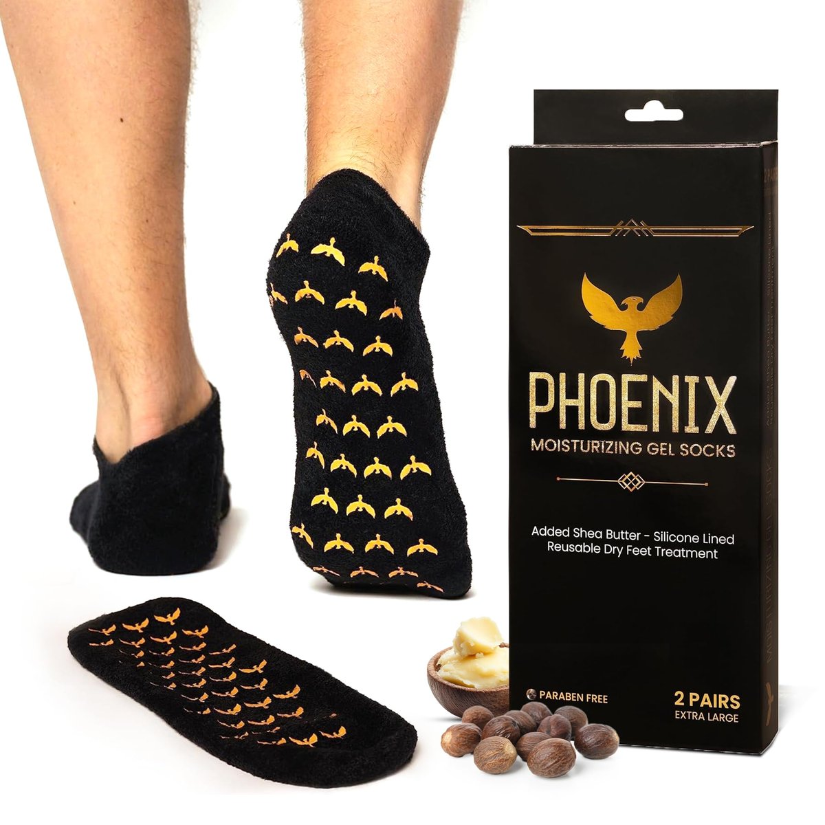 Phoenix Foot Peel Feuchtigkeitsspendende Gel-Socken für Herren - Extra Large 2 Paar - Silikon Fersensocken, Behandlung rissiger Fersen, Wiederverwendbare Spa-Socken mit Sheabutter für trockene Haut & Fußpflege