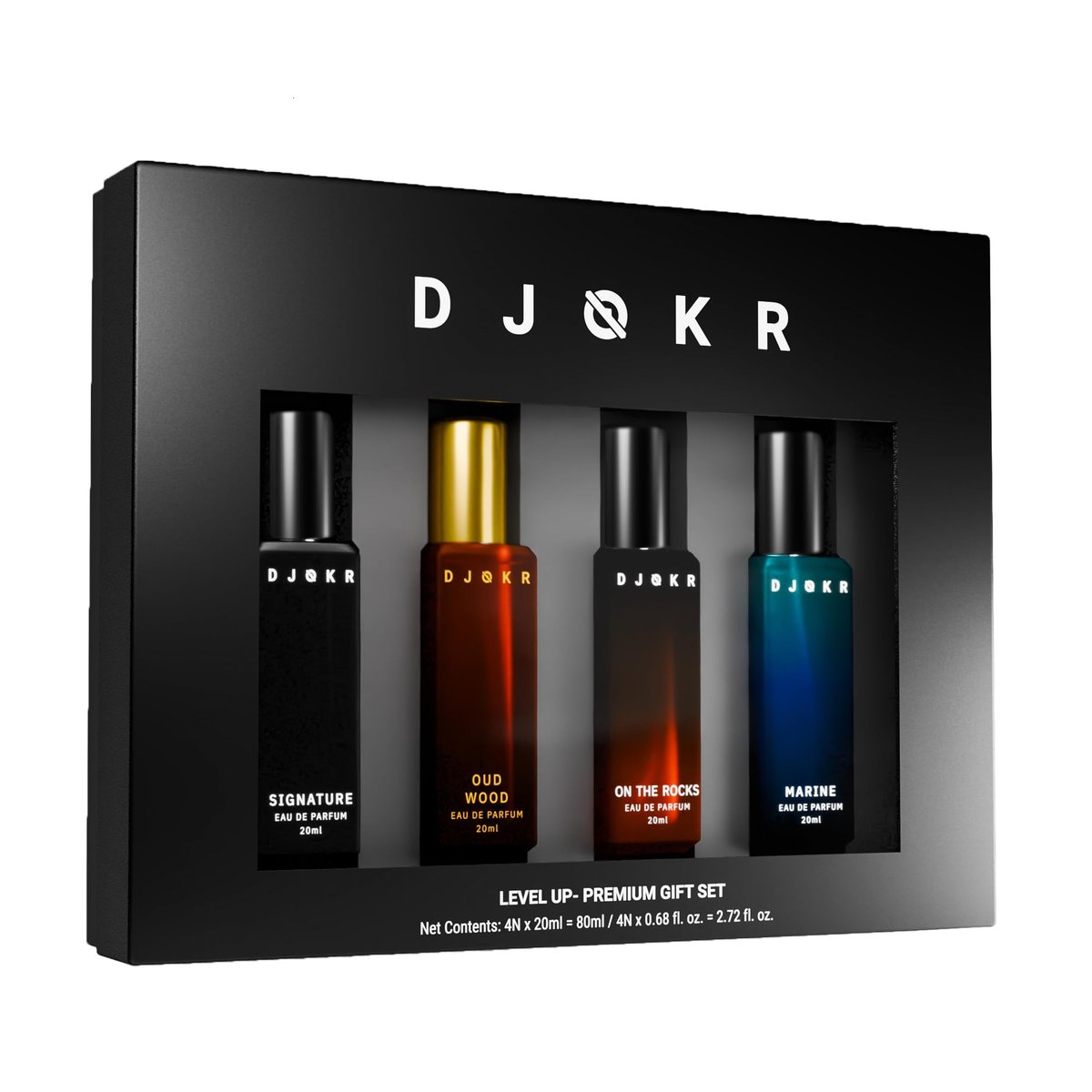 DJOKR Herrenparfüm Geschenkset 4x20 ml | Eau de Parfum | Premium Luxus langanhaltender Duft | Signature, Wicked, Oud Wood, Marine