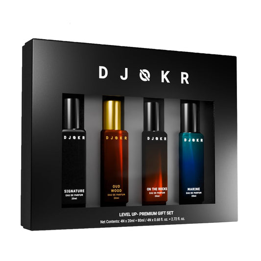 DJOKR Herrenparfüm Geschenkset 4x20 ml | Eau de Parfum | Premium Luxus langanhaltender Duft | Signature, Wicked, Oud Wood, Marine