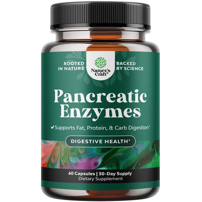 Natures Craft Pankreatin-Verdauungsenzyme für die Darmgesundheit – Verdauungsenzyme für Frauen und Männer mit Protease, Lipase und Amylase – gegen Blähungen, für Magen, Fett-, Kohlenhydrat- und Proteinverdauung – 60 Kapseln