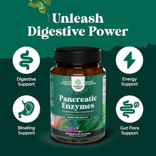 Natures Craft Pankreatin-Verdauungsenzyme für die Darmgesundheit – Verdauungsenzyme für Frauen und Männer mit Protease, Lipase und Amylase – gegen Blähungen, für Magen, Fett-, Kohlenhydrat- und Proteinverdauung – 60 Kapseln