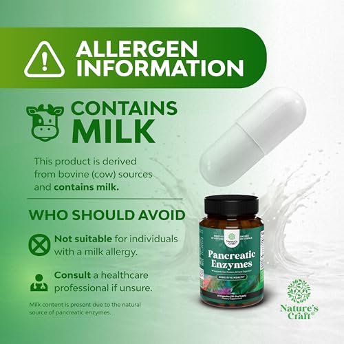 Natures Craft Pankreatin-Verdauungsenzyme für die Darmgesundheit – Verdauungsenzyme für Frauen und Männer mit Protease, Lipase und Amylase – gegen Blähungen, für Magen, Fett-, Kohlenhydrat- und Proteinverdauung – 60 Kapseln