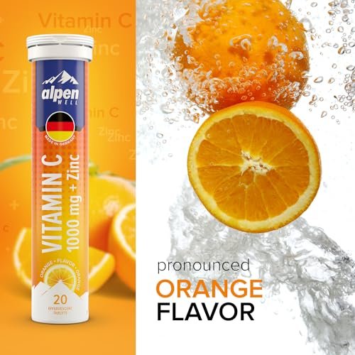 AlpenWell Vitamin C 1000mg + Zink – 20 Brausetabletten, Immunsystem-Unterstützung, Zuckerfrei, Orangen-Geschmack