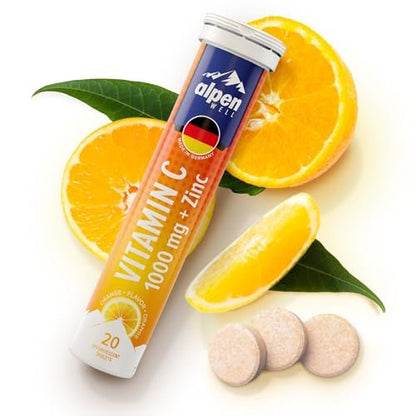 AlpenWell Vitamin C 1000mg + Zink – 20 Brausetabletten, Immunsystem-Unterstützung, Zuckerfrei, Orangen-Geschmack