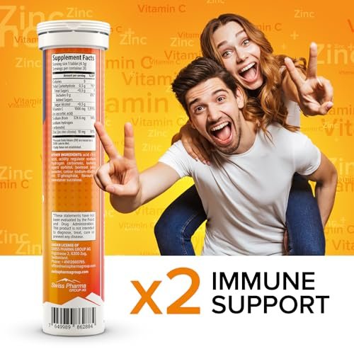 AlpenWell Vitamin C 1000mg + Zink – 20 Brausetabletten, Immunsystem-Unterstützung, Zuckerfrei, Orangen-Geschmack