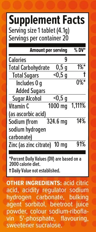 AlpenWell Vitamin C 1000mg + Zink – 20 Brausetabletten, Immunsystem-Unterstützung, Zuckerfrei, Orangen-Geschmack