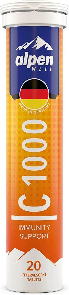 AlpenWell Vitamin C 1000mg + Zink – 20 Brausetabletten, Immunsystem-Unterstützung, Zuckerfrei, Orangen-Geschmack