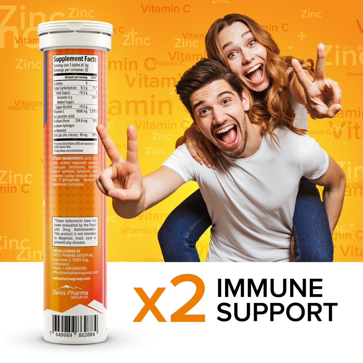 AlpenWell Vitamin C 1000mg + Zink – 20 Brausetabletten, Immunsystem-Unterstützung, Zuckerfrei, Orangen-Geschmack