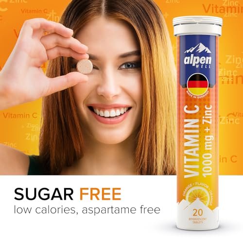 AlpenWell Vitamin C 1000mg + Zink – 20 Brausetabletten, Immunsystem-Unterstützung, Zuckerfrei, Orangen-Geschmack