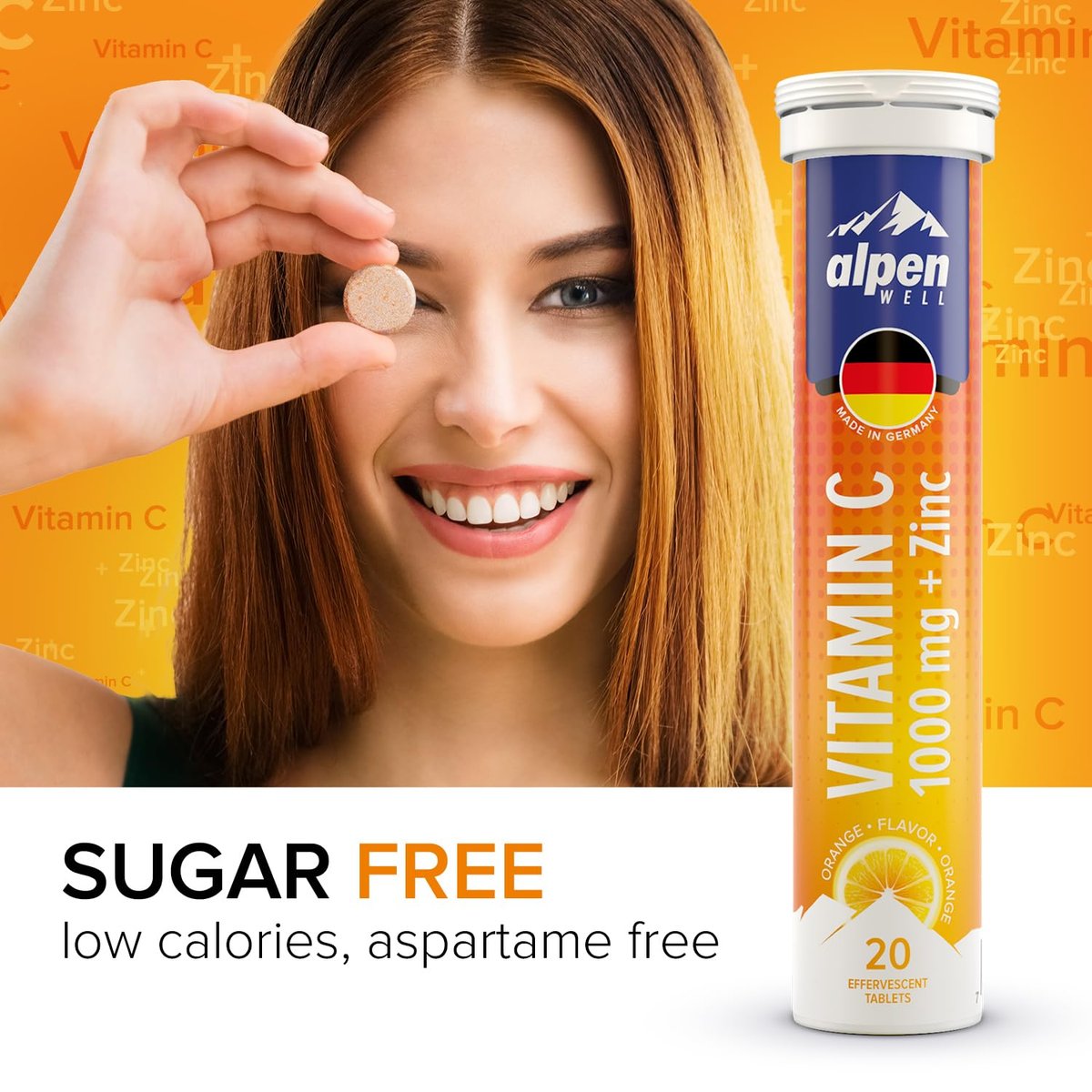 AlpenWell Vitamin C 1000mg + Zink – 20 Brausetabletten, Immunsystem-Unterstützung, Zuckerfrei, Orangen-Geschmack