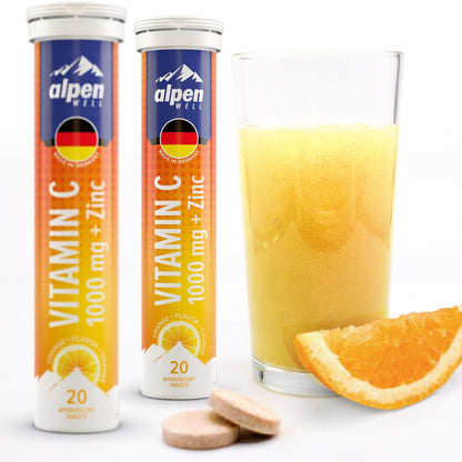 AlpenWell Vitamin C 1000mg + Zink – 20 Brausetabletten, Immunsystem-Unterstützung, Zuckerfrei, Orangen-Geschmack