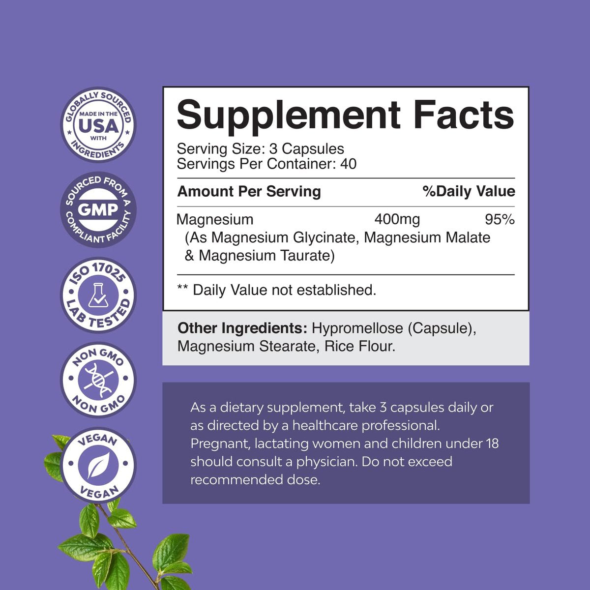 Triple Magnesium Complex Kapseln – Hochdosiertes Magnesiumglycinat, Malat & Taurat für Muskeln, Energie & Herzgesundheit – 400 mg, 120 Kapseln