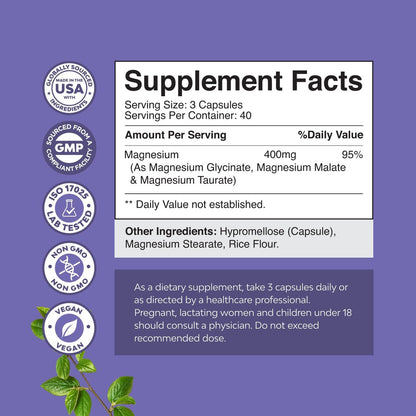 Triple Magnesium Complex Kapseln – Hochdosiertes Magnesiumglycinat, Malat & Taurat für Muskeln, Energie & Herzgesundheit – 400 mg, 120 Kapseln