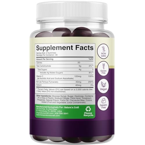 Extra starke Eisen Gummibärchen für Frauen und Männer - 45 mg pro Portion, kaubare Nahrungsergänzung mit Vitamin C für höhere Aufnahme, vegan, ohne künstliche Aromen - 60 Stück