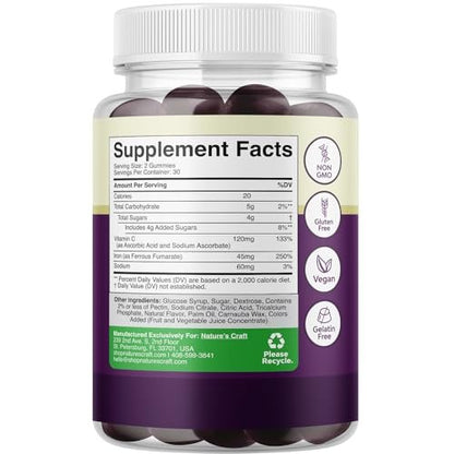 Extra starke Eisen Gummibärchen für Frauen und Männer - 45 mg pro Portion, kaubare Nahrungsergänzung mit Vitamin C für höhere Aufnahme, vegan, ohne künstliche Aromen - 60 Stück