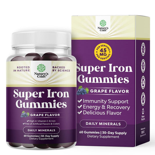 Extra starke Eisen Gummibärchen für Frauen und Männer - 45 mg pro Portion, kaubare Nahrungsergänzung mit Vitamin C für höhere Aufnahme, vegan, ohne künstliche Aromen - 60 Stück
