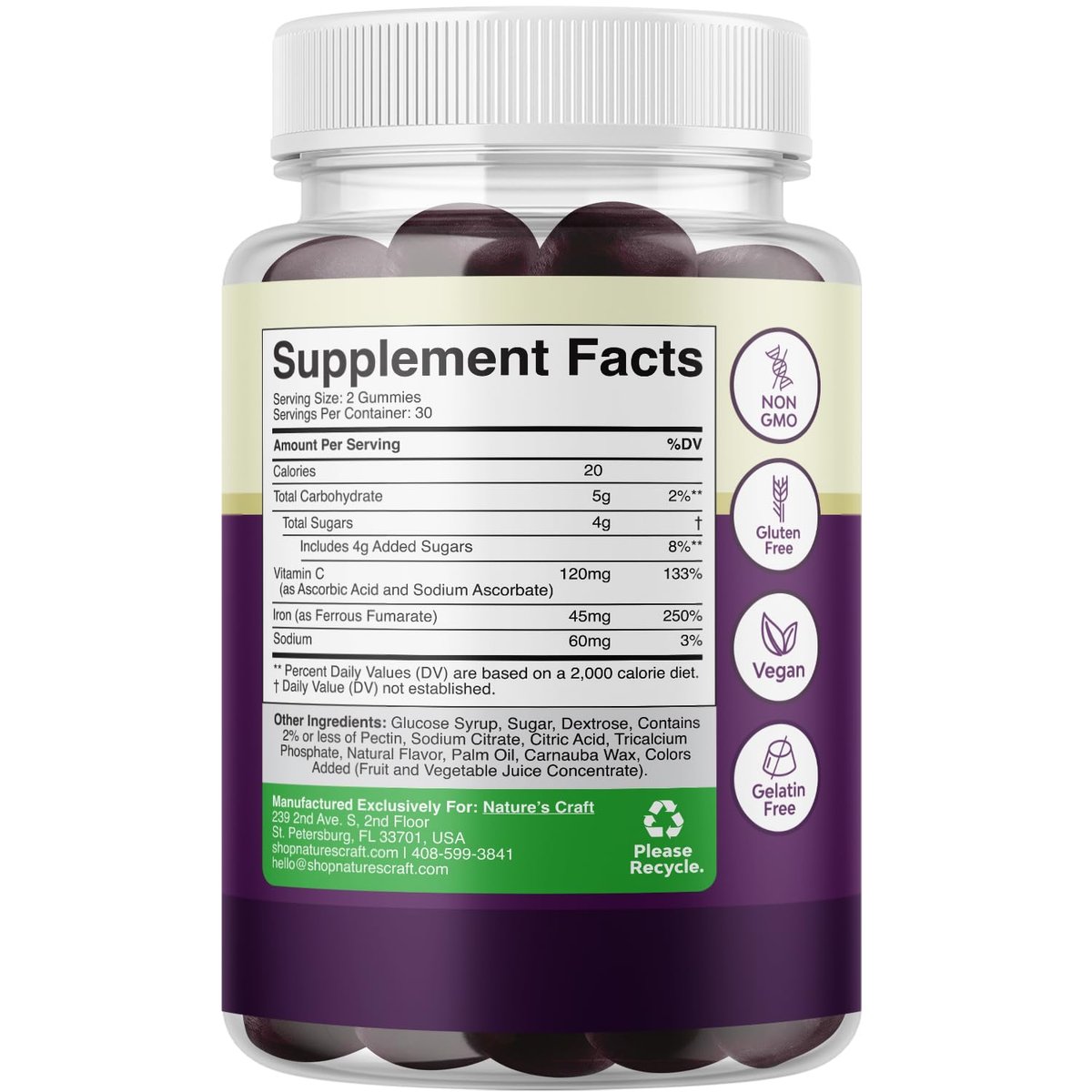 Extra starke Eisen Gummibärchen für Frauen und Männer - 45 mg pro Portion, kaubare Nahrungsergänzung mit Vitamin C für höhere Aufnahme, vegan, ohne künstliche Aromen - 60 Stück