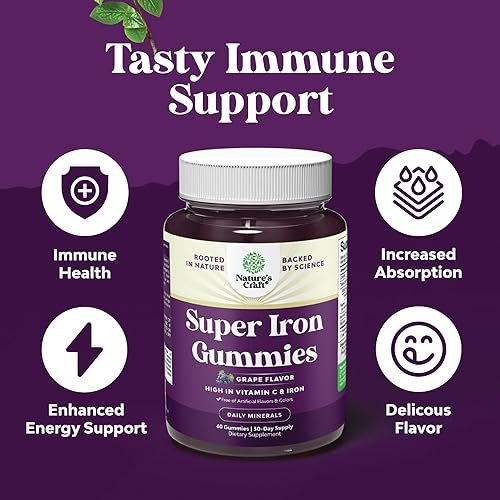 Extra starke Eisen Gummibärchen für Frauen und Männer - 45 mg pro Portion, kaubare Nahrungsergänzung mit Vitamin C für höhere Aufnahme, vegan, ohne künstliche Aromen - 60 Stück