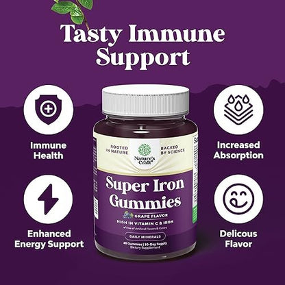 Extra starke Eisen Gummibärchen für Frauen und Männer - 45 mg pro Portion, kaubare Nahrungsergänzung mit Vitamin C für höhere Aufnahme, vegan, ohne künstliche Aromen - 60 Stück
