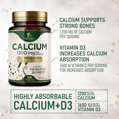 Calcium 1200 mg mit Vitamin D3 - pro Portion - Knochengesundheit Nahrungsergänzung - Vitamin D & Calcium Kapseln für Frauen & Männer - Knochenstärke Unterstützung - Natürliche Calcium Tabletten - Hergestellt in den USA - 240 Tabletten