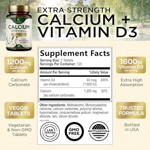 Calcium 1200 mg mit Vitamin D3 - pro Portion - Knochengesundheit Nahrungsergänzung - Vitamin D & Calcium Kapseln für Frauen & Männer - Knochenstärke Unterstützung - Natürliche Calcium Tabletten - Hergestellt in den USA - 240 Tabletten