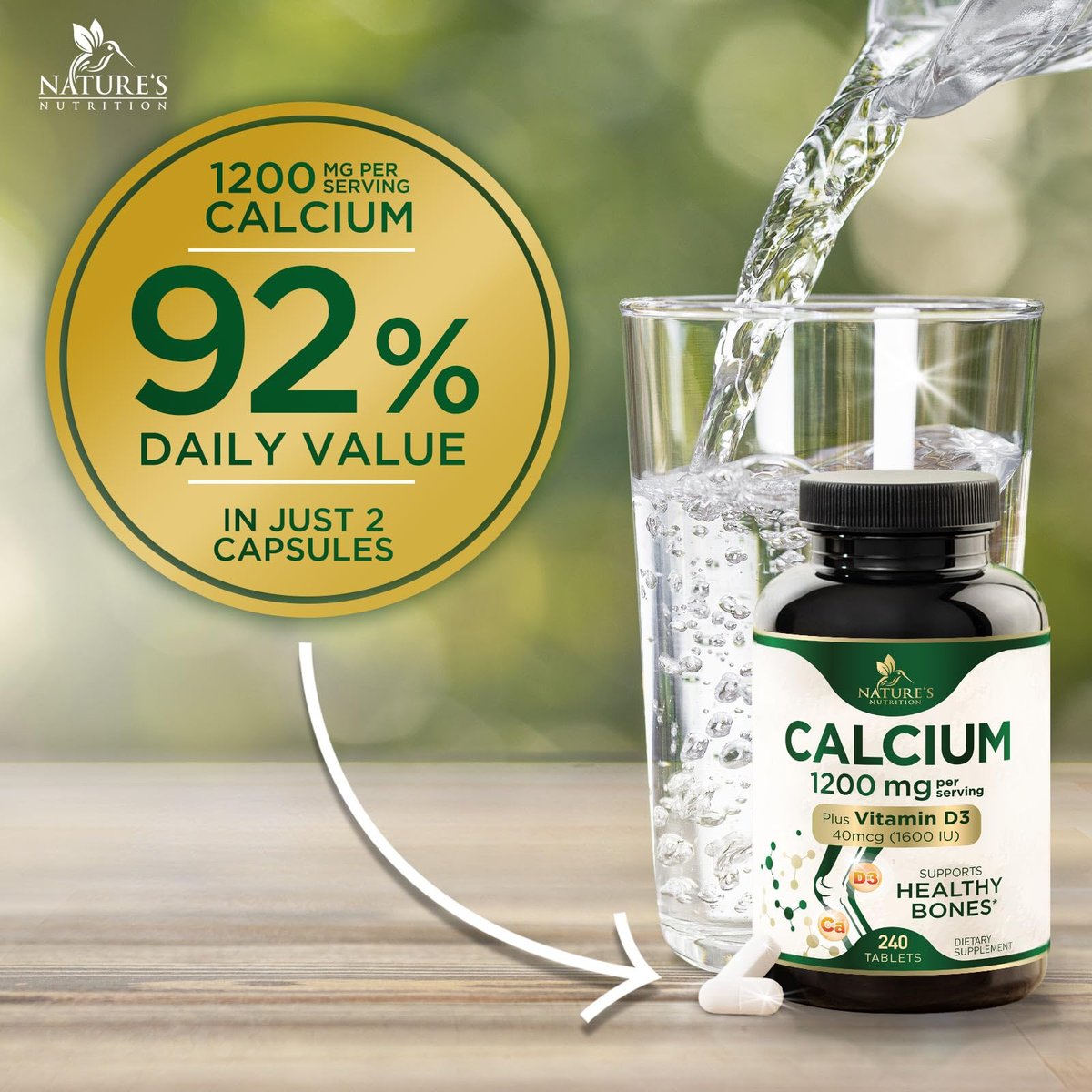 Calcium 1200 mg mit Vitamin D3 - pro Portion - Knochengesundheit Nahrungsergänzung - Vitamin D & Calcium Kapseln für Frauen & Männer - Knochenstärke Unterstützung - Natürliche Calcium Tabletten - Hergestellt in den USA - 240 Tabletten